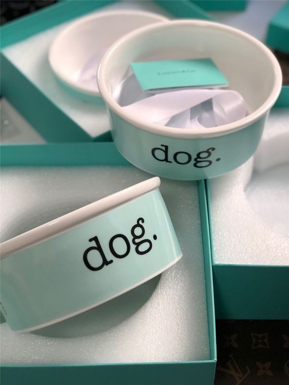 Tiffany & Co. Aqua Ceramic Dog Bowl - "dog." Print